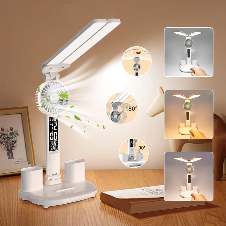 Lampada da tavolo a LED a due teste tocco tocco pieghevole con calendario della ventola orologio da scrivania USB per la luce del capezzale per il letto