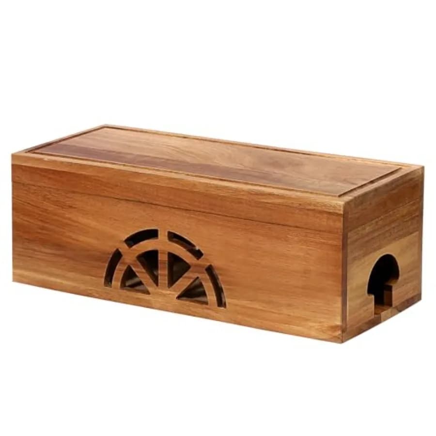 Scatola per la gestione dei cavi in legno - 40 cm (L) x 15 cm (L) x 14 cm (A) - Scatola nascondicavi in legno di acacia con design magnetico e foro per presa