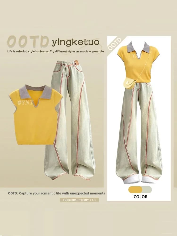 Casual Summer Outfit Women's Hong Kong Style Slimming Short Sleeve Collared Top with Retro Denim Jeans Two Piece Set Anti-Aging