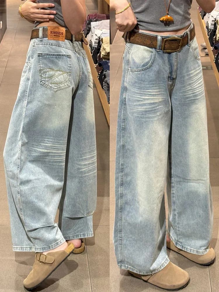 American Style Light Wash Retro Straight Leg Jeans Women's Spring New Large Size Loose Wide Leg Pants High Waist Slimming