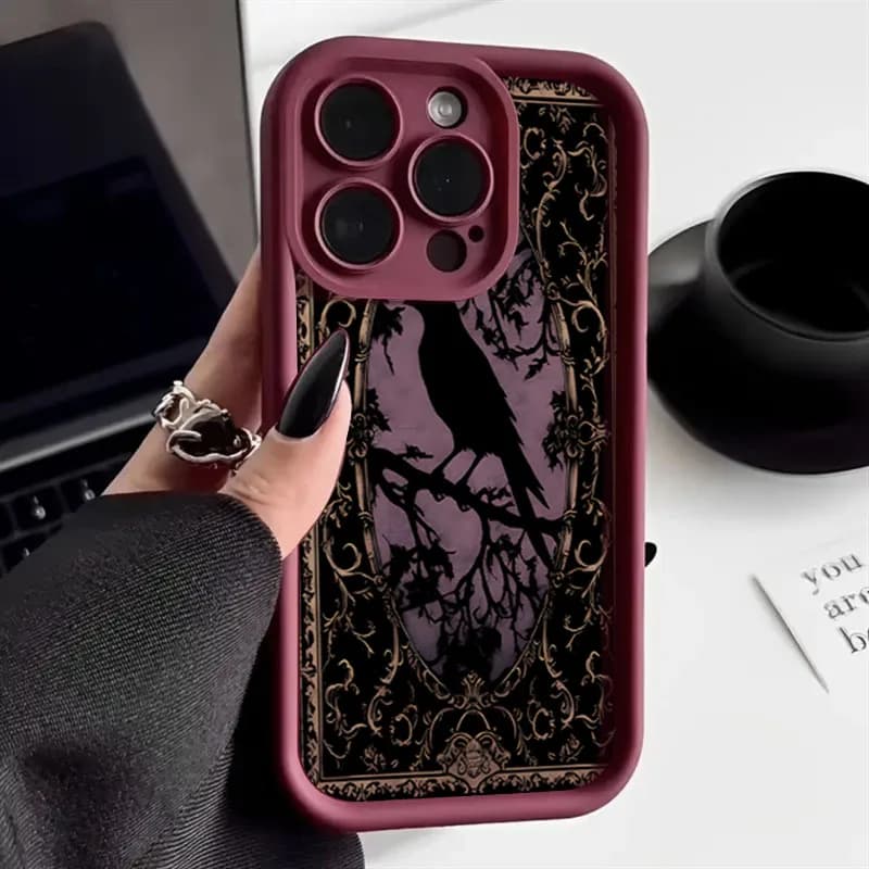 Aesthetic Black Crow Pattern Wine Red Phone Case for iPhone 16 E15 14 13 12 11 Pro Max Mini XS X XR 7 8 Plus Shockproof Cover