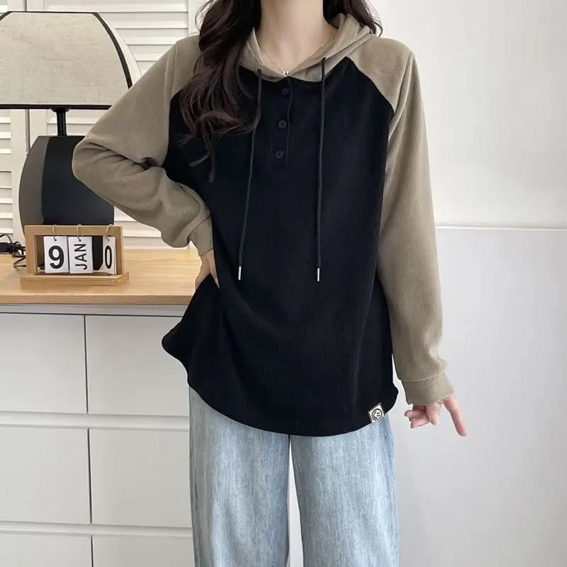 Women Loose Color Block Hooded Long Sleeve T-Shirt Fall Winter Slim Fit Casual Office Pullover Tops
