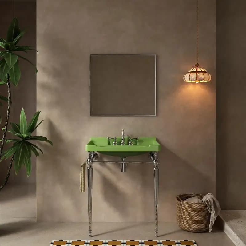 Lavabo da bagno in ceramica verde da parete da 28" con 3 fori preforati, gambe autoportanti in acciaio inossidabile e portasciugamani, non