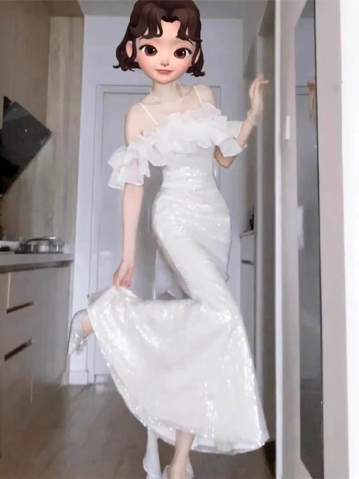 Elegante Abito a Sirena Monospalla per Donna, Vestito da Sposa per Fotografia, Outfit Formale da Sera, Abito Lungo Bianco Senza Spalline