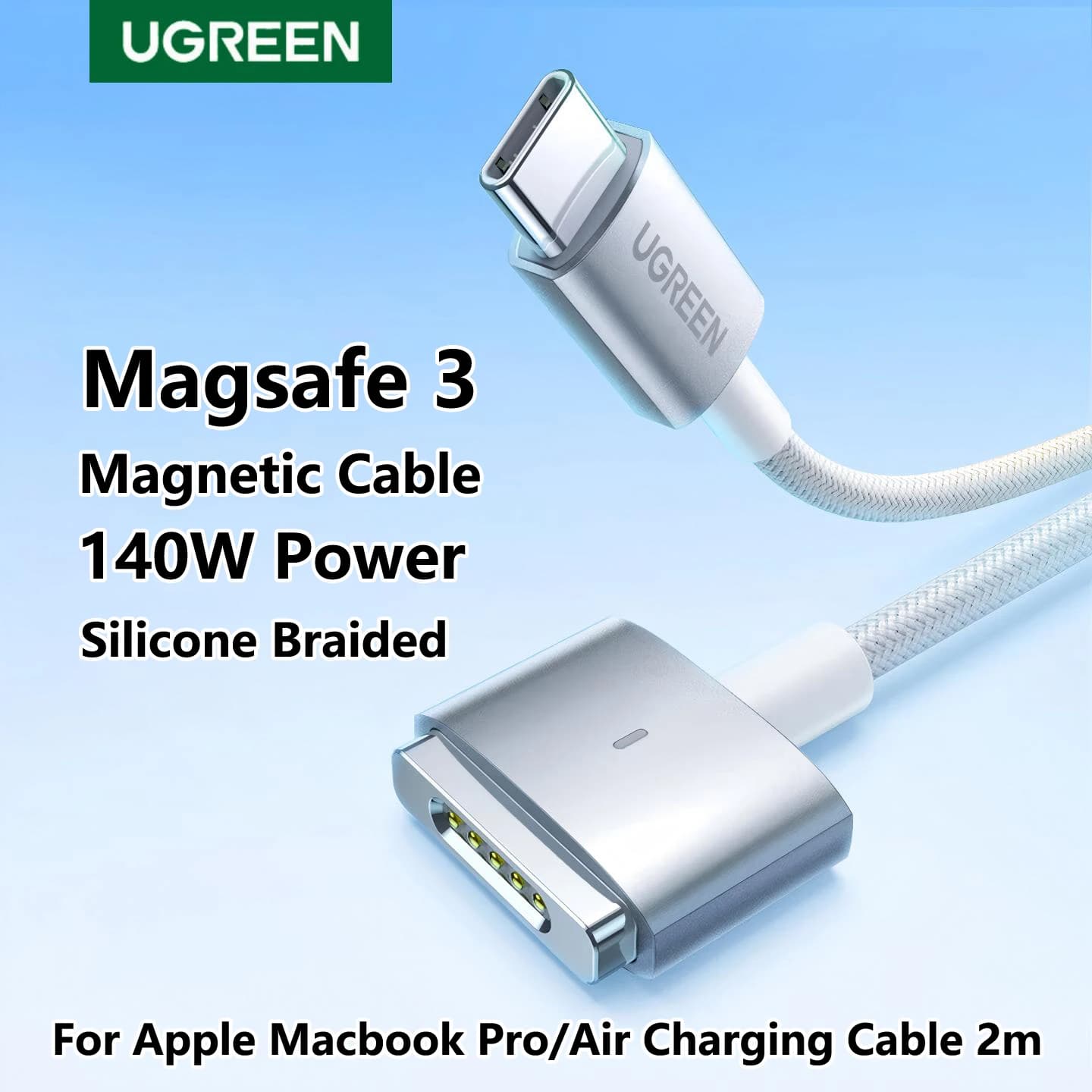UGREEN For Type C To Magsafe 3 Magnetic Charging Cable 2m PD140W Silicone braided LED USB C Charger For Apple Macbook Pro Air 16
