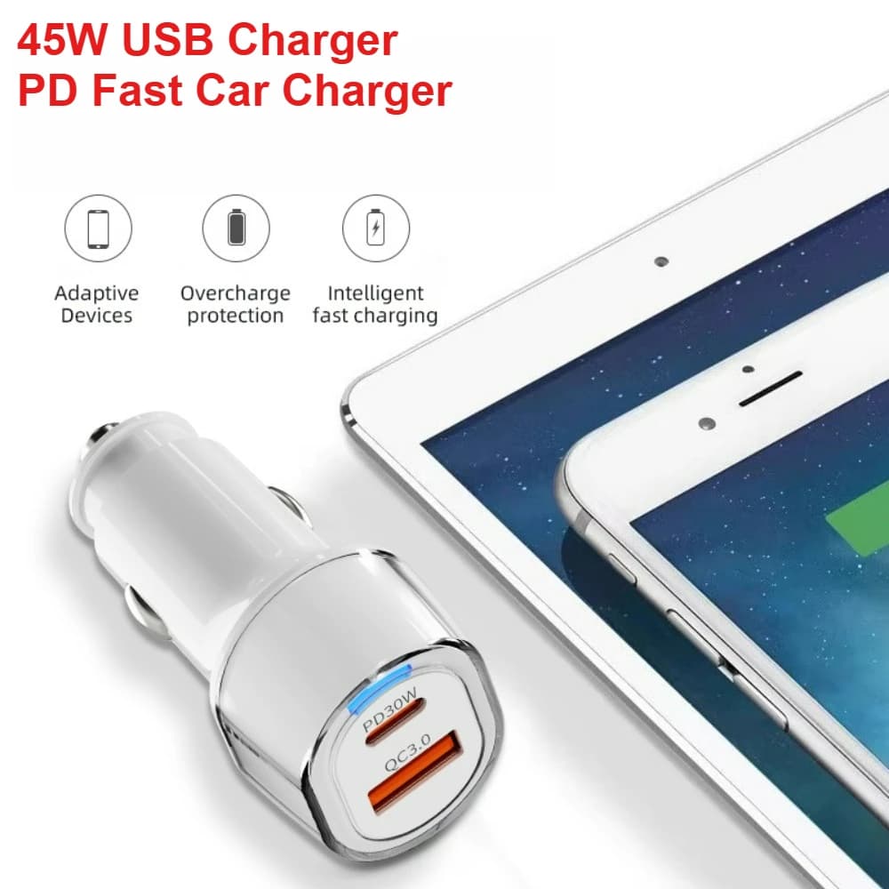 Car Charger QC3.0 from 50 W Quick Charging 2 Doors USB Type C Travel Wall Adapter for Xiaomi Samsung iPhone 12-24 V