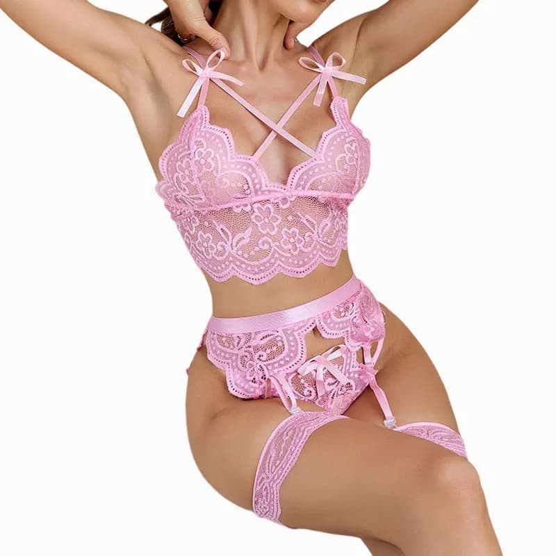 Sweet Ladies Pink Lingerie Sets Seamless Cross-Strap Bra Ultra-Sexy Thin Sensual Underwear Set Soft Breathable Women's Lingeries
