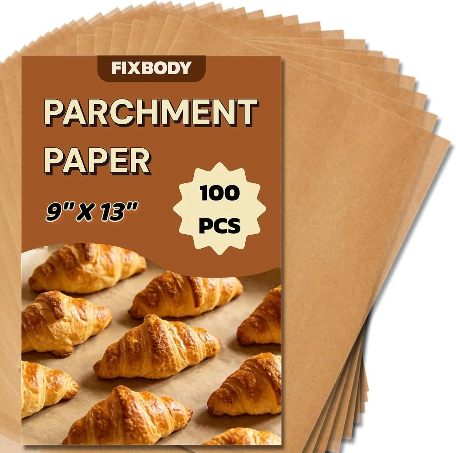 FIXBODY 100 PCS Unbleached Parchment Paper Sheets for Baking 9x13 Inches, Non-Stick and Non-Toxic Pre-cut Parchment Sheets for Oven, Cooking, Grilling, Air Fryer and Steaming - Fit for Half Sheet Pans