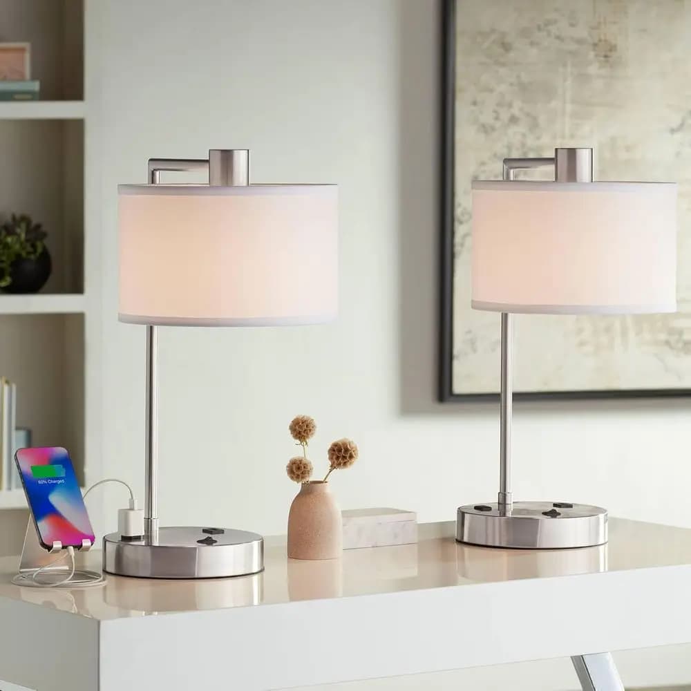 Lampade da Tavolo 360 Lighting Colby, Set da 2, Altezza 21 Pollici, Stile Hotel con Presa USB e AC nella Base, Nickel Spazzolato Bianco L
