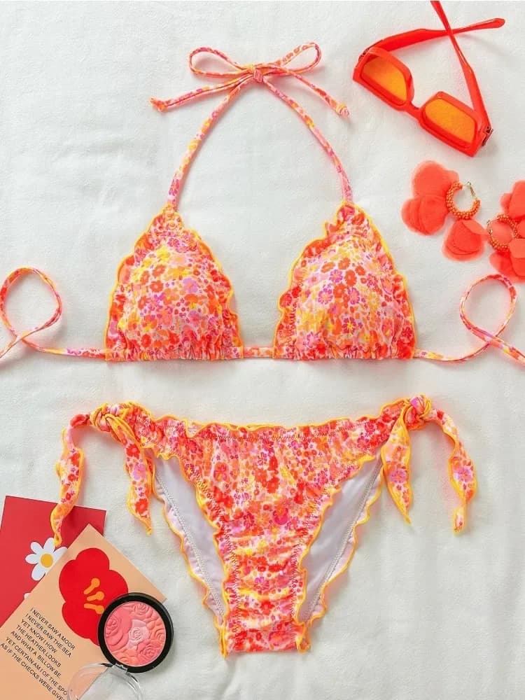 Costume da bagno donna carino bikini set 2025 nuova estate arancione stampa floreale halter volant push up cravatta laterale perizoma costume da bagno
