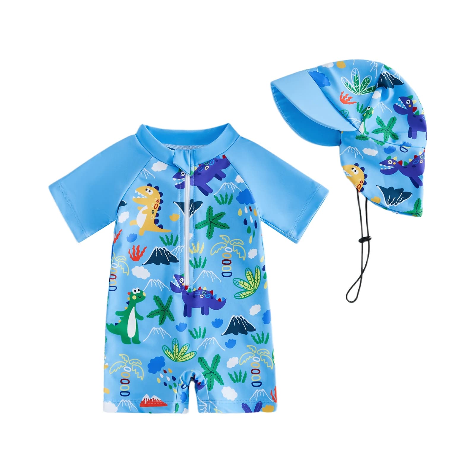 Rash Guard swimsuit for children and boys, with print of tropical plants and marine animals, short sleeves, with swimming hood, beach clothing