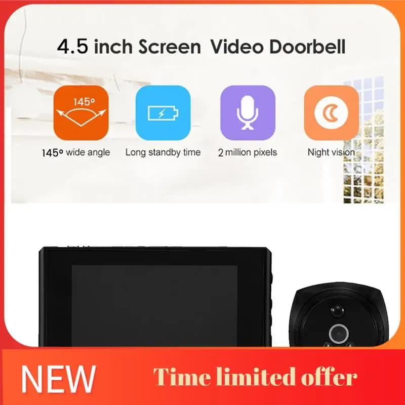 A42T-1Set Spioncino elettronico per porta PIR Door Eye 145 ° Campanello digitale con schermo LCD da 4,5 pollici per visione notturna nero