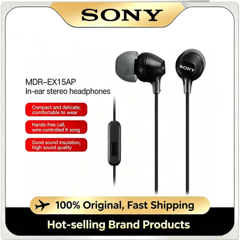 Auricolari Cablati Originali Sony MDR-EX15AP, Cuffie HiFi Stereo con Cancellazione del Rumore per Gaming e Musica