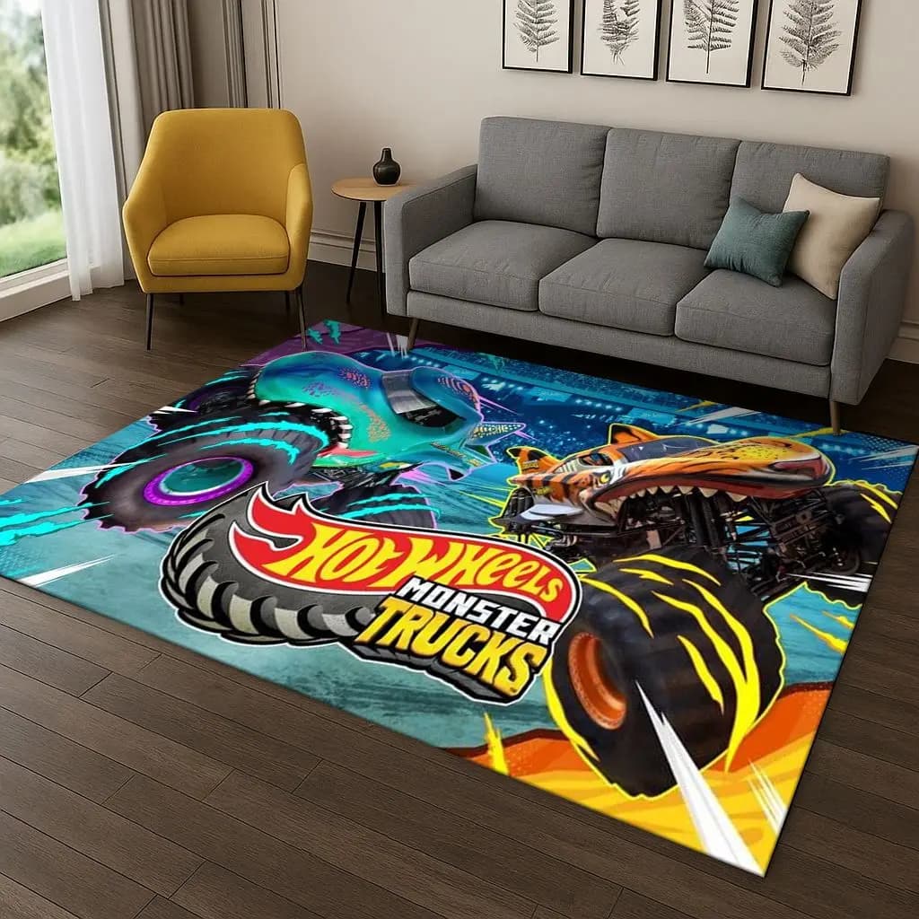 Tappeto 3D Hot Wheels con Auto da Corsa e Monster Truck, Tappeto Decorativo per Camera da Letto, Soggiorno, Divano, Ingresso, Antiscivolo, Idea Regalo