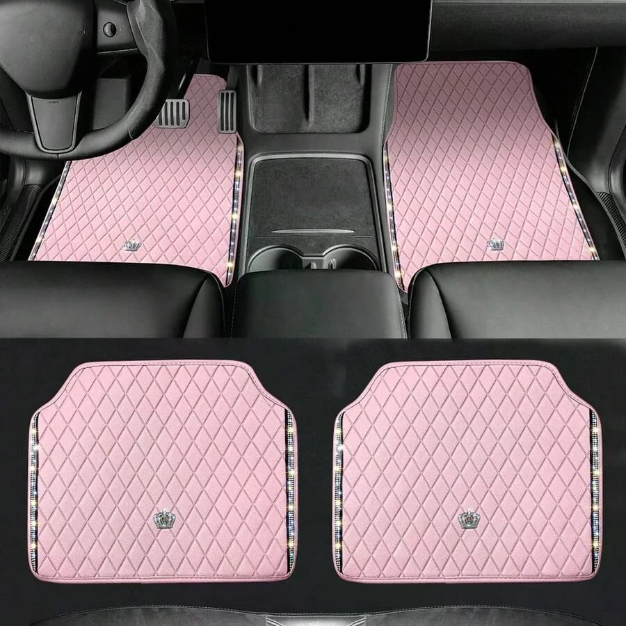Bling Car Floor Mats, PVC Leather Anti-Slip Automative Floor Mats With Shining Diamond Rhinestone Crown, Sparkly Glitter Crystal Carpet, Universal Fit Automotive SUV, Sedan, Van, 4pcs For Woman, Car Stuff For Woman, Pink Car Stuff