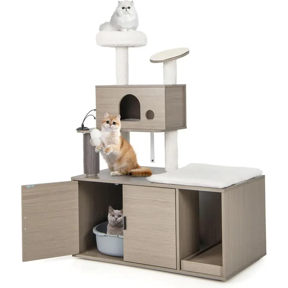 Albero per gatti Tangkula con custodia per lettiera, torre per gatti con lettiera, condominio per gatti, tiragraffi, pesce persico in morbido peluche, pendente