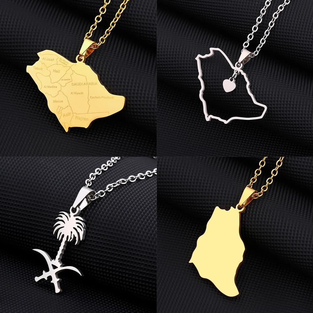 New Saudi Arabia Map City Pendant Necklace Stainless Steel Arab Emblem Men Women Ethnic Map Jewelry Patriotic Gift
