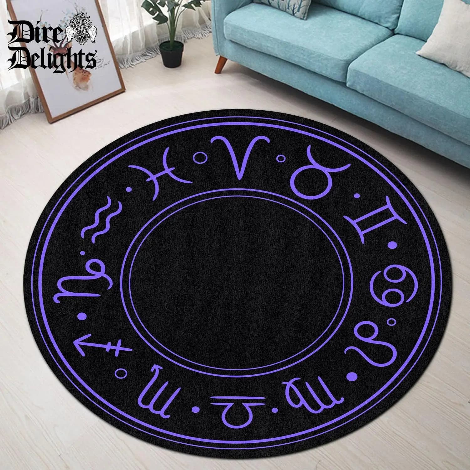 【Room Decor Carpet】Purple Zodiac Round Rug, Gothic Zodiac Carpet, Punk Rock Gothic Style Rug, Witch Theme Room Round Rug, Tarot Card Prophecy Symbols, Astronomy