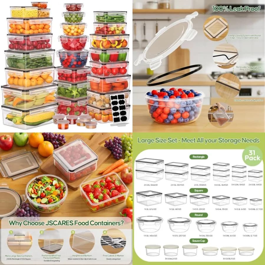 Set di 62 Contenitori per Alimenti con Coperchi Ermetici, 31 Coperchi e 31 Contenitori - Contenitori in Plastica Riutilizzabili a Prova di Perdite per Preparazione Pasti