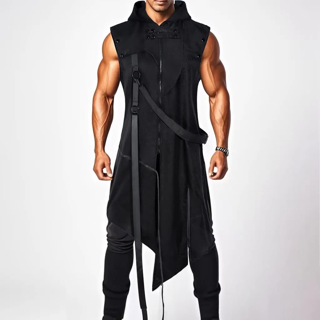 Abbigliamento Techwear Cyberpunk Futuristico per Uomo - Gilet Lungo Senza Maniche con Cappuccio, Cappotto Nero Asimmetrico con Cinghie, Streetwear