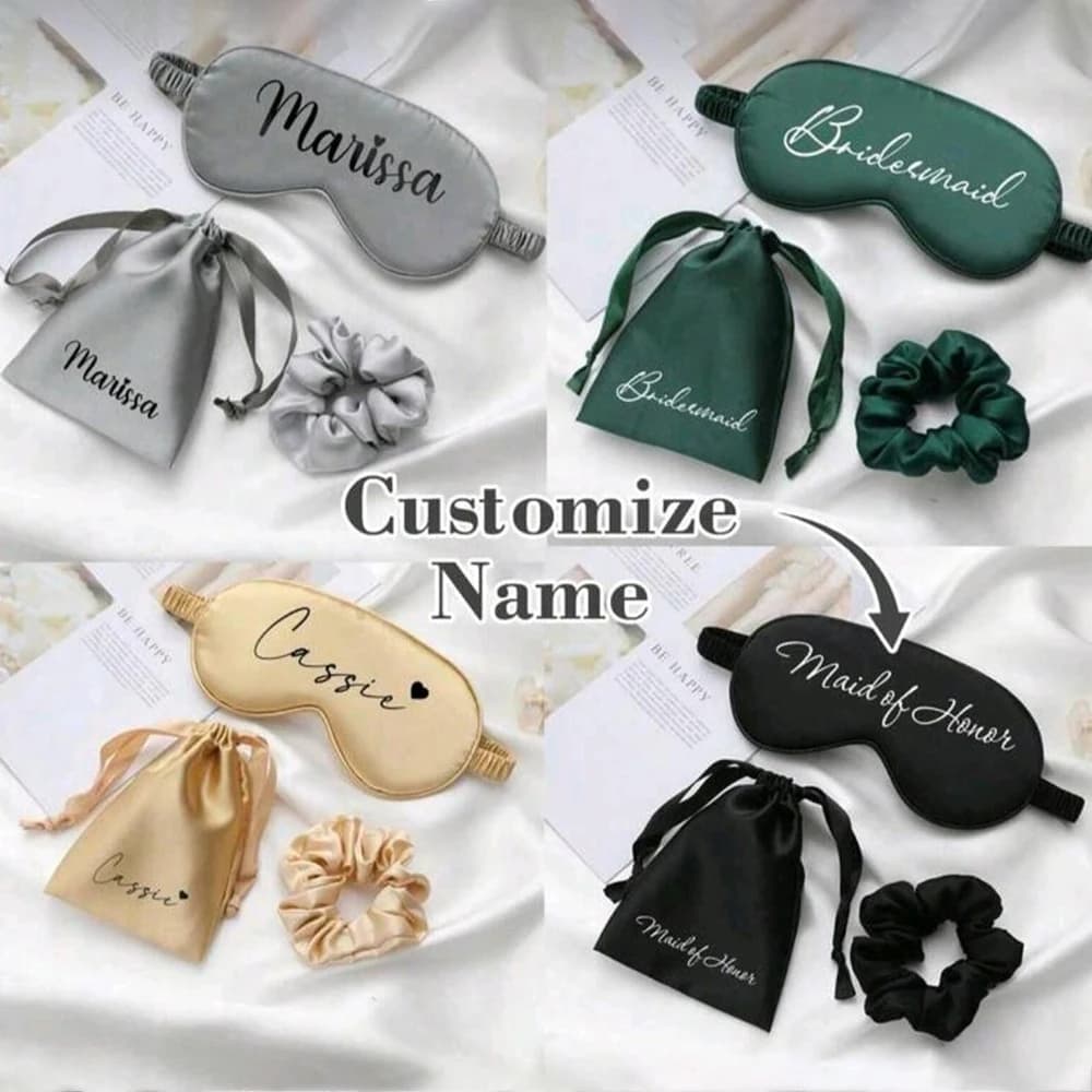 Eye mask for personalized sleep Gifts for bachelor party for bridesmaid Mask for eyes in satin personalized with satin bag and hair band