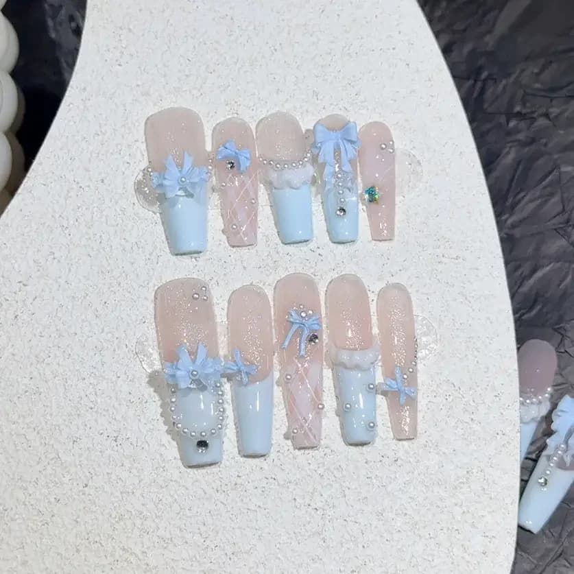 Cute 3D Bow Skirt French Handmade Press On Nails Sweetcore Cream Blue Gentle False Nails Pearl Checkered Glitter Long Nail Art