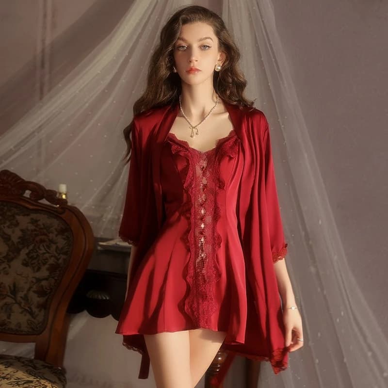 Lazy Style Pure Desire Sexy Sweet Silky Satin Ice Silk Pajamas Deep V Lace Open Front Camisole Nightgown Robe Set 5219