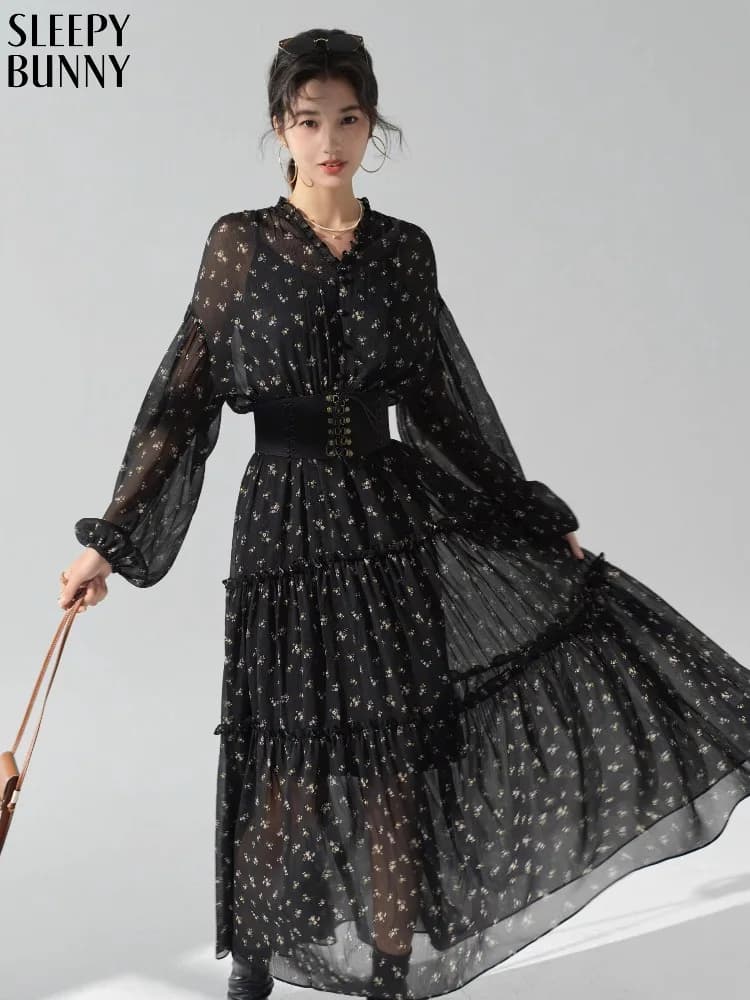 French Style Floral Dress Women Elegant Autumn Maxi Tea Dress with High Waist Flared Hem Long Sleeve Vintage Casual Party Outfit
