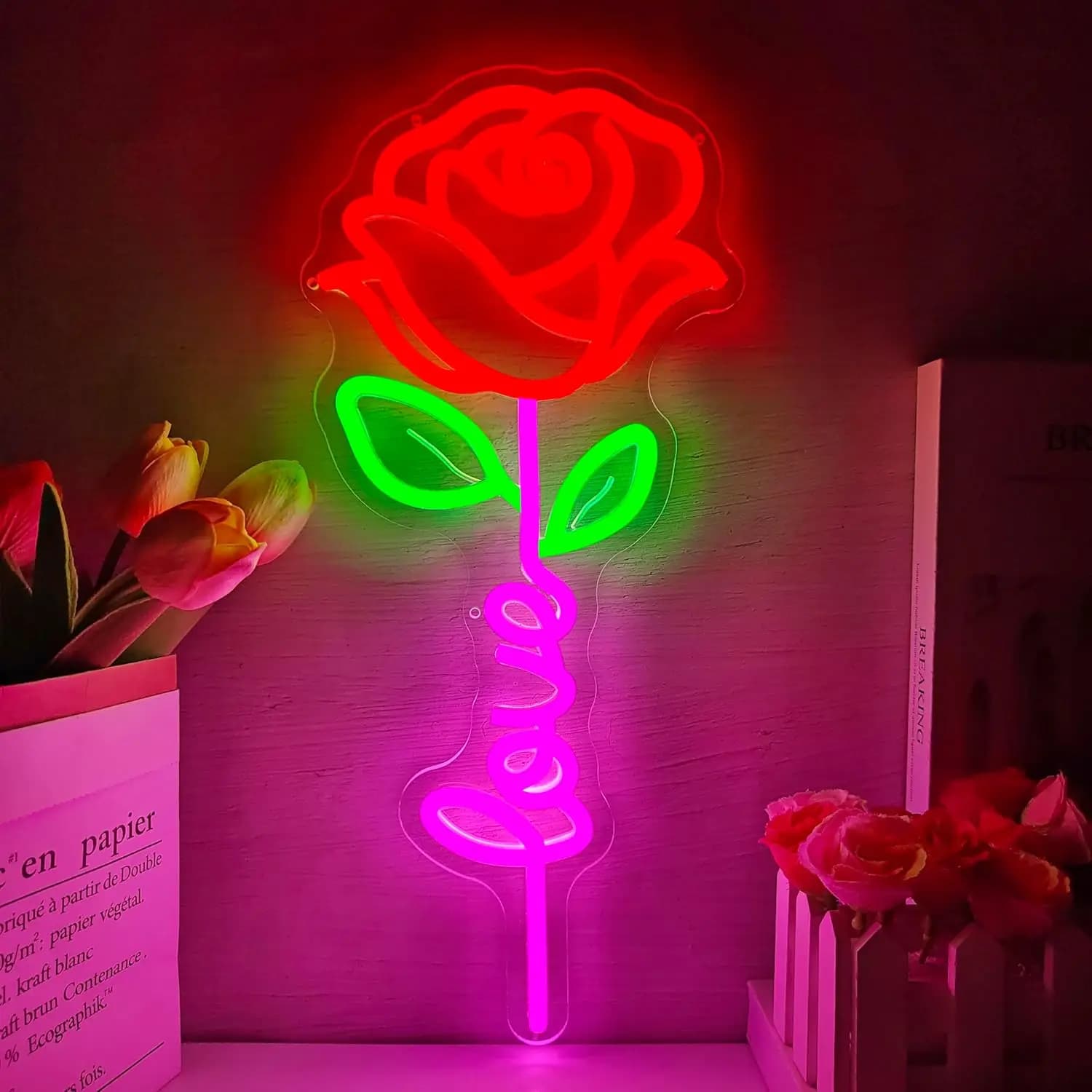 Insegna al Neon LED a Forma di Rosa, Luce al Neon USB Dimmerabile per Sala Giochi, Camera da Letto, Bar, Soggiorno, Regalo di Compleanno, Decorazione Murale