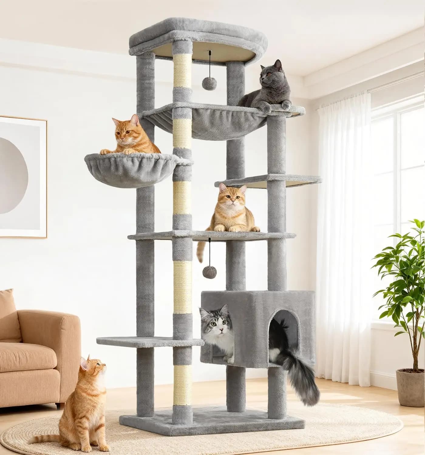 Albergo per Gatti da Interno, Materiale Felpato, Grigio, 180 cm di Altezza con 5 Tiragraffi, 2 Amache, Cuccia e Postazione Riposo