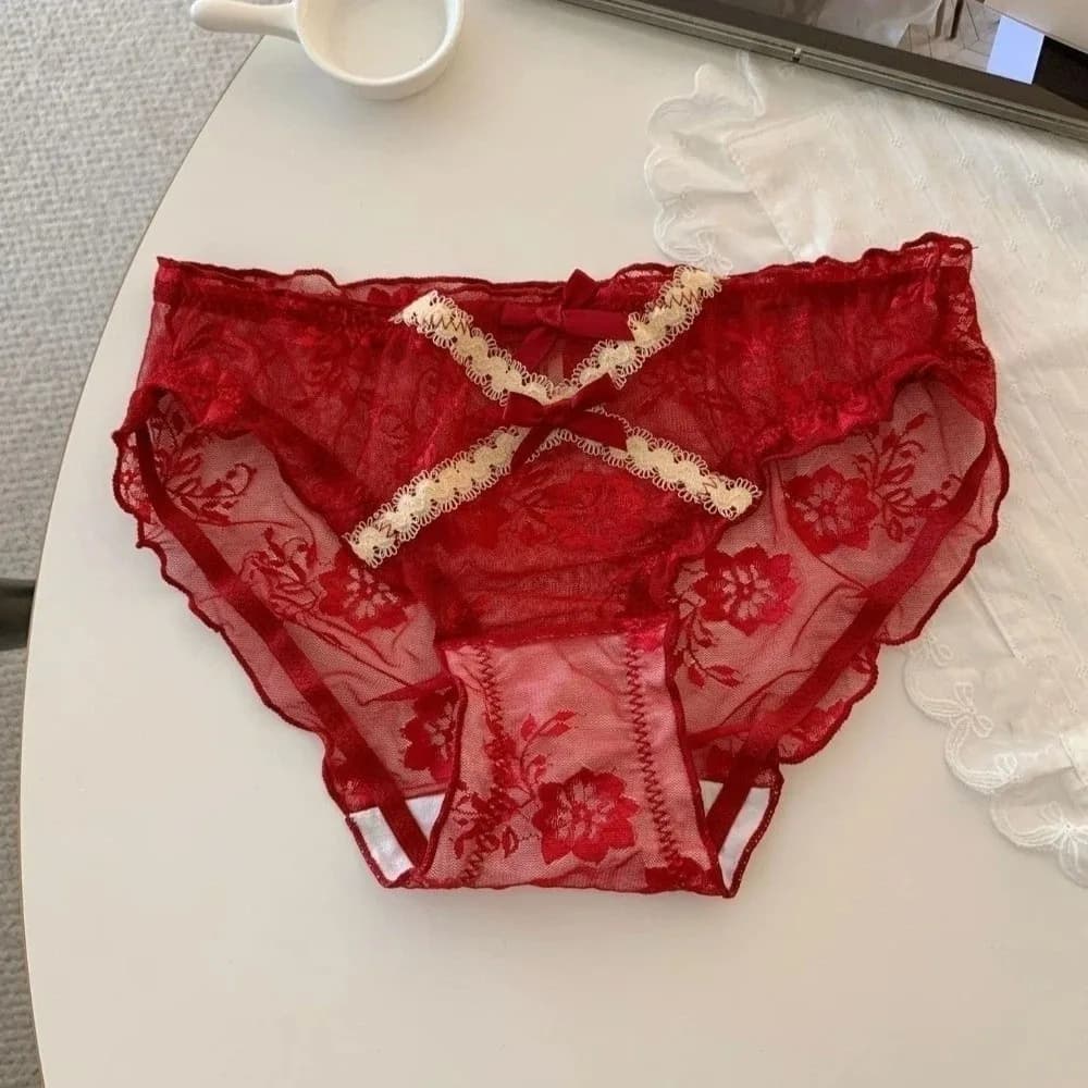 Slip Estivi a Vita Bassa in Pizzo Trasparente con Fiocco e Fiori in Rete, Intimo Femminile con Parte Intima in Cotone