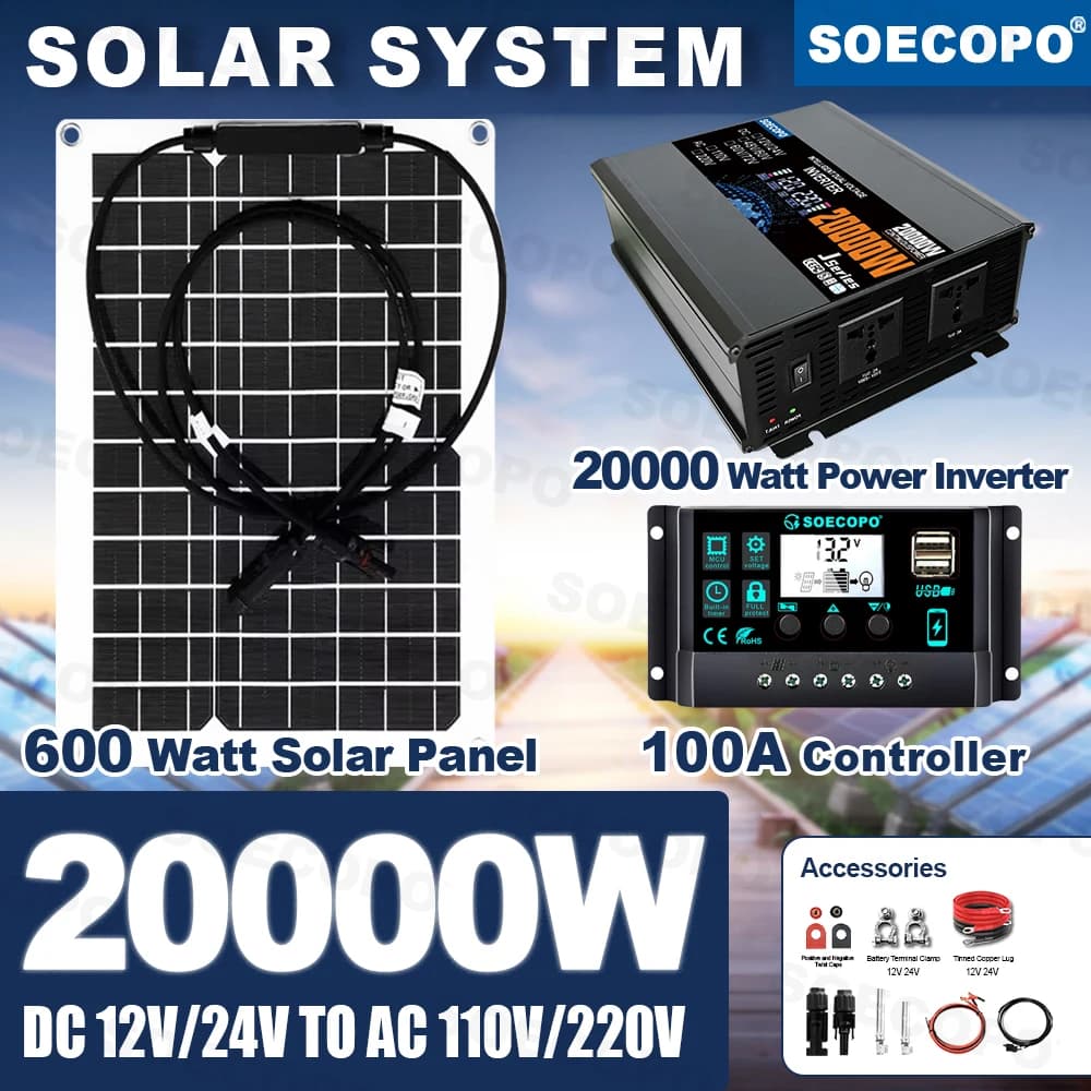 Kit Sistema Solare Off-Grid Tutto-in-Uno 20000W di Picco 1600W Nominale Inverter 220V/110V + Regolatore 100A + Pannello Flessibile per Camper Barca
