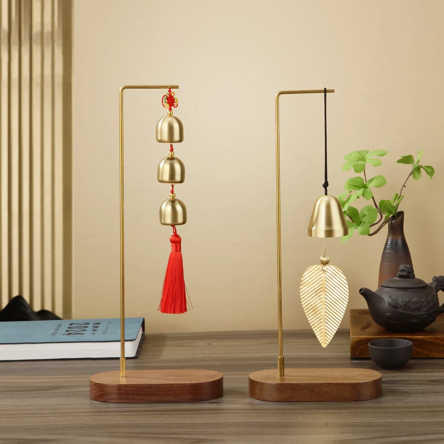 Copper Wind Chime with Walnut Base Hanging Ornaments Home Balcony Decor Car Pendant Gift Home Decoration Accessories