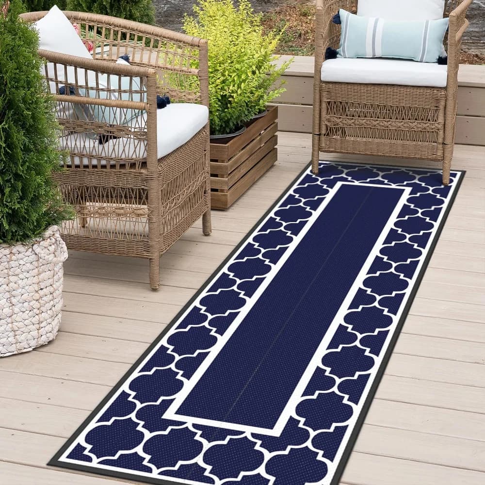 VIKAMA Navy Blue Moroccan Geometric Outdoor Runner Rug Non Slip Waterproof Long Floor Mat For Patio Balcony Home Decoration