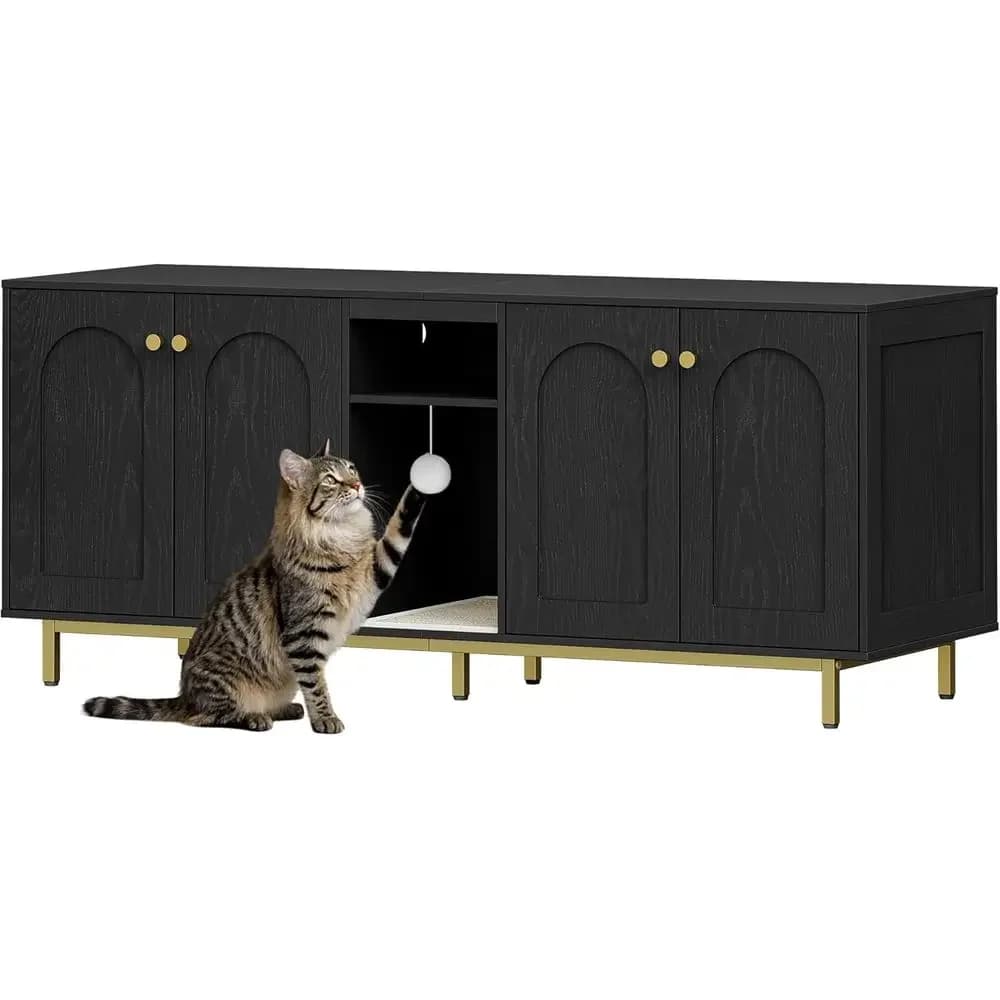 Wooden Cat Litter Box Enclosure, Dual-Cat Side Table, Storage Cabinet Bench for Living/Bedroom, 55.2x20x23.9, Black & Gold