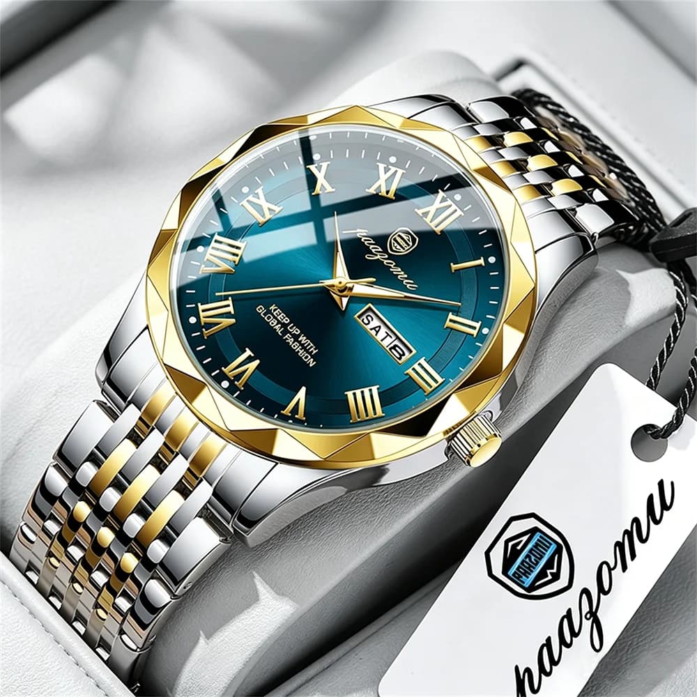 PAAZOMU Orologio al quarzo da uomo alla moda, lancette luminose, data, settimana, cinturino in acciaio inossidabile, orologio da polso casual impermeabile, orologi da lavoro