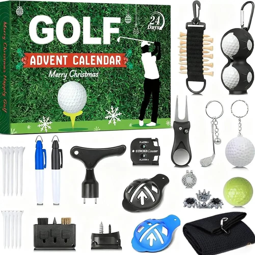 Calendario dell'Avvento di Natale da golf 2025 Conto alla rovescia in plastica di 24 giorni con palline Set di strumenti Regalo per golfisti Decorazioni natalizie a tema sportivo