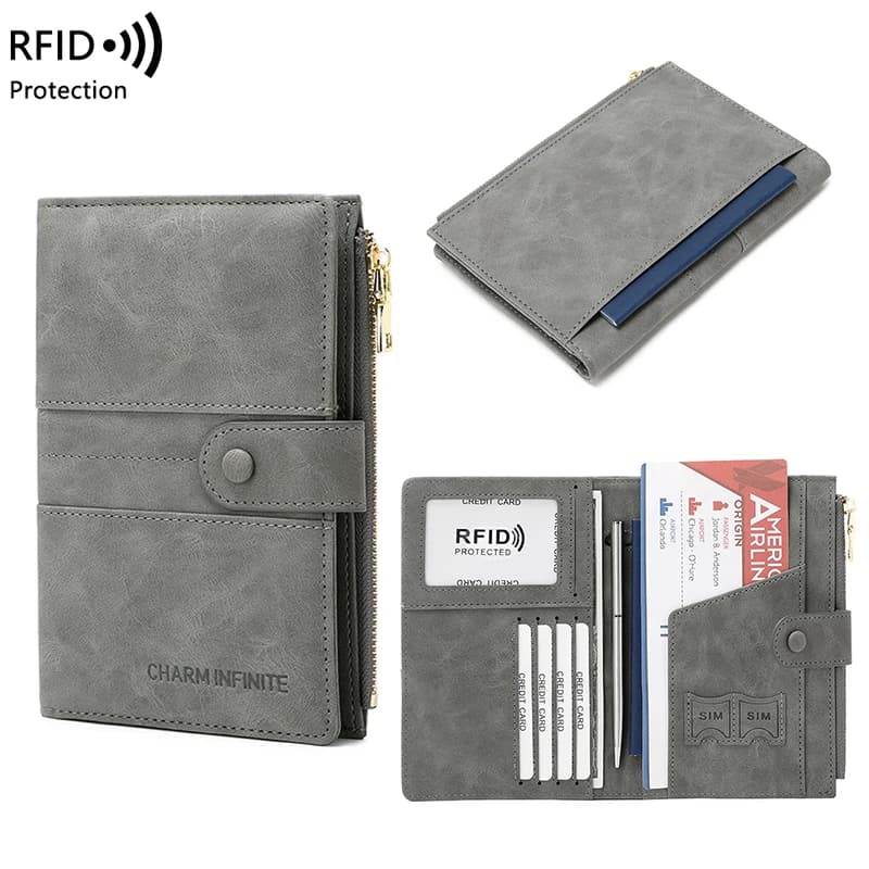Borsa per passaporto con blocco RFID, tinta unita in PU, portafoglio con fibbia con cerniera, porta carte di biglietti, porta passaporto da viaggio multifunzionale