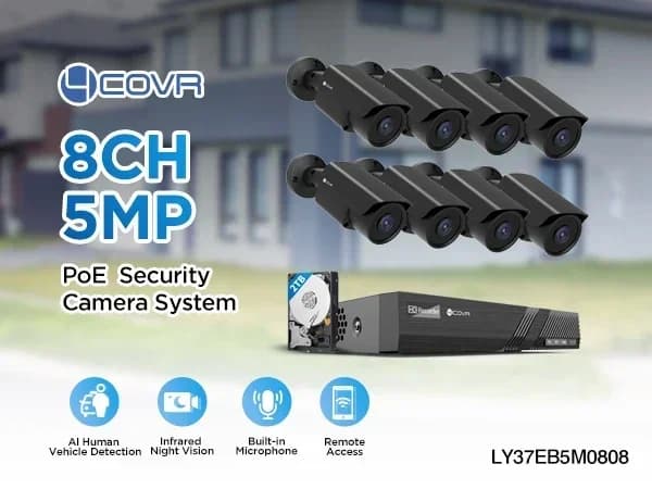 Sistema di sicurezza NVR PoE a 8 canali 4K con HDD da 2TB, 8 telecamere bullet PoE IP67 da 5MP, registrazione 24/7, visione notturna e rilevamento di persone e veicoli