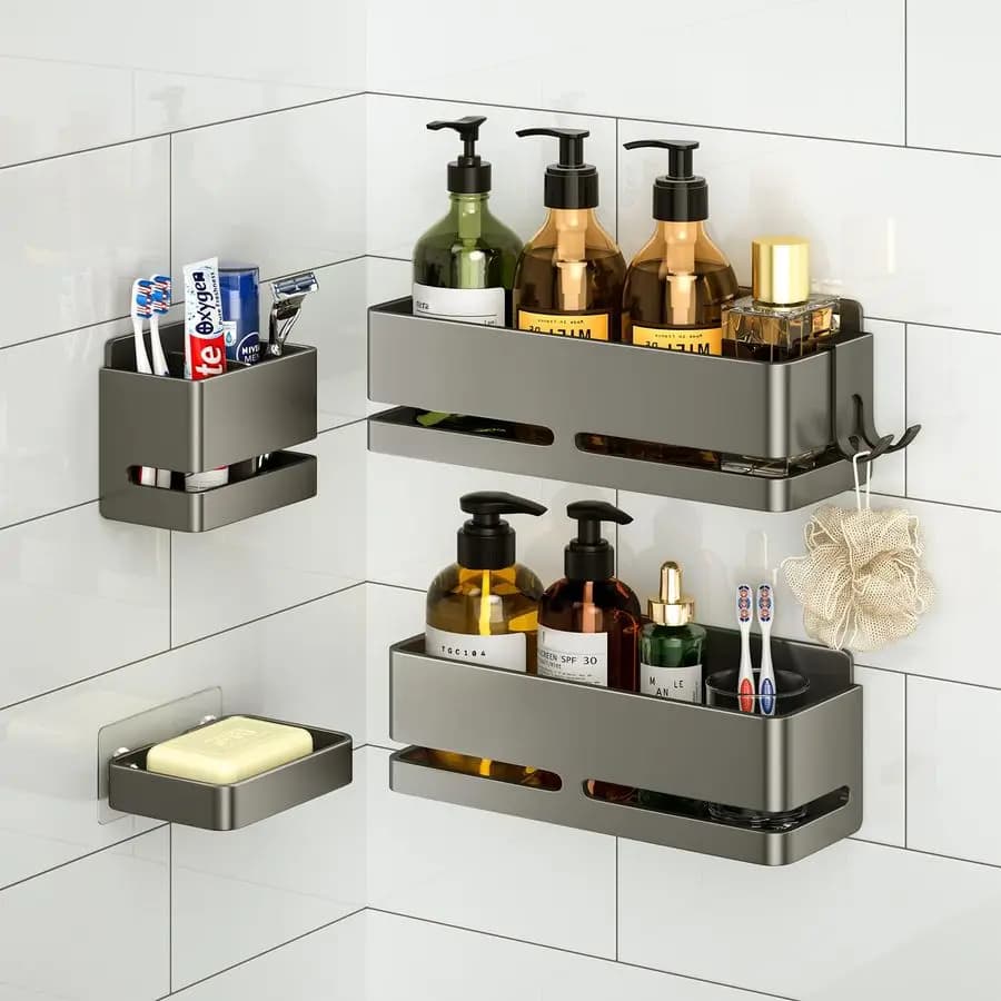 Set di 5 mensole portaoggetti da bagno per doccia, mensola a parete con portasapone e porta spazzolino, nessuna perforazione richiesta, ideale