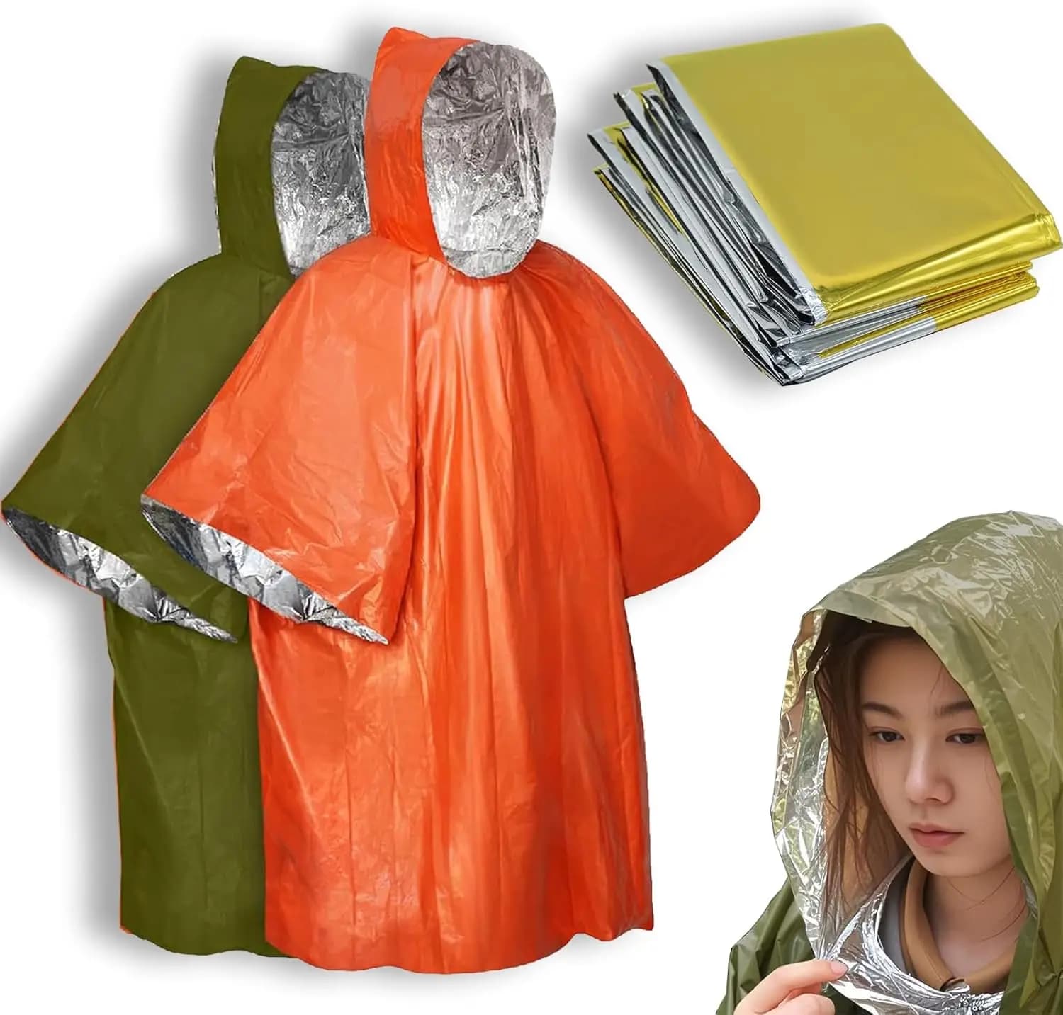 Set di Sopravvivenza con Pellicola in Poliestere per il Mantenimento del Calore Corporeo al 92%, Verde, 2 Poncho + 2 Coperte Termiche, Attrezzatura Portatile per Campeggio all'Aperto