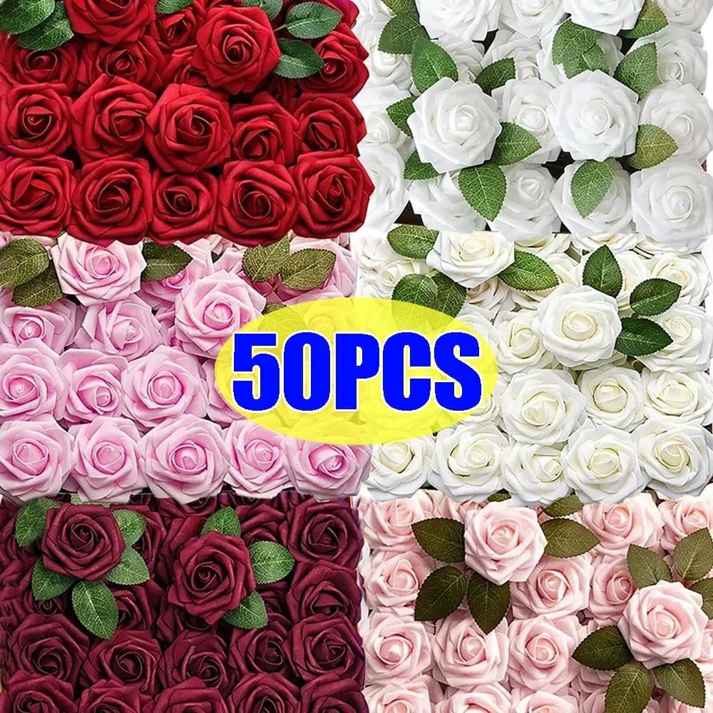 5-50 pezzi rose artificiali fiori schiuma teste di rose finte con steli per bouquet da sposa fai da te tavoli per feste a casa decorazioni forniture