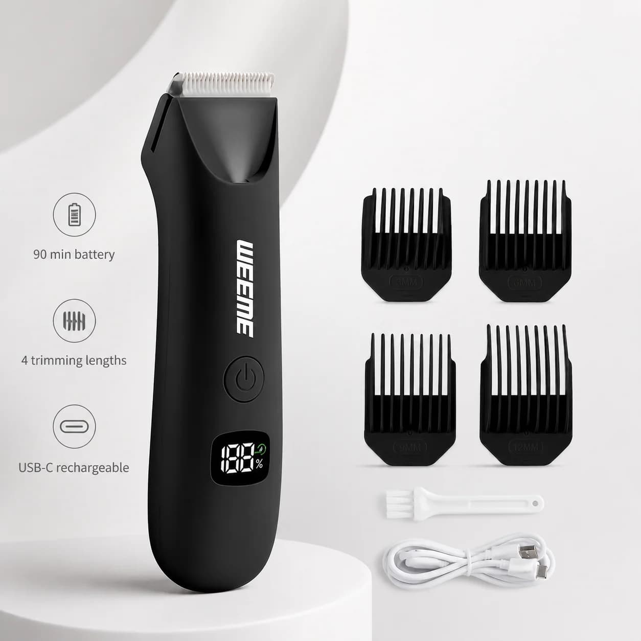 WEEME WM-701 Electric Bikini Body Hair Trimmer for Men Women, USB-C Rechargeable Ceramic Blade LCD Display with 4 Guide Combs