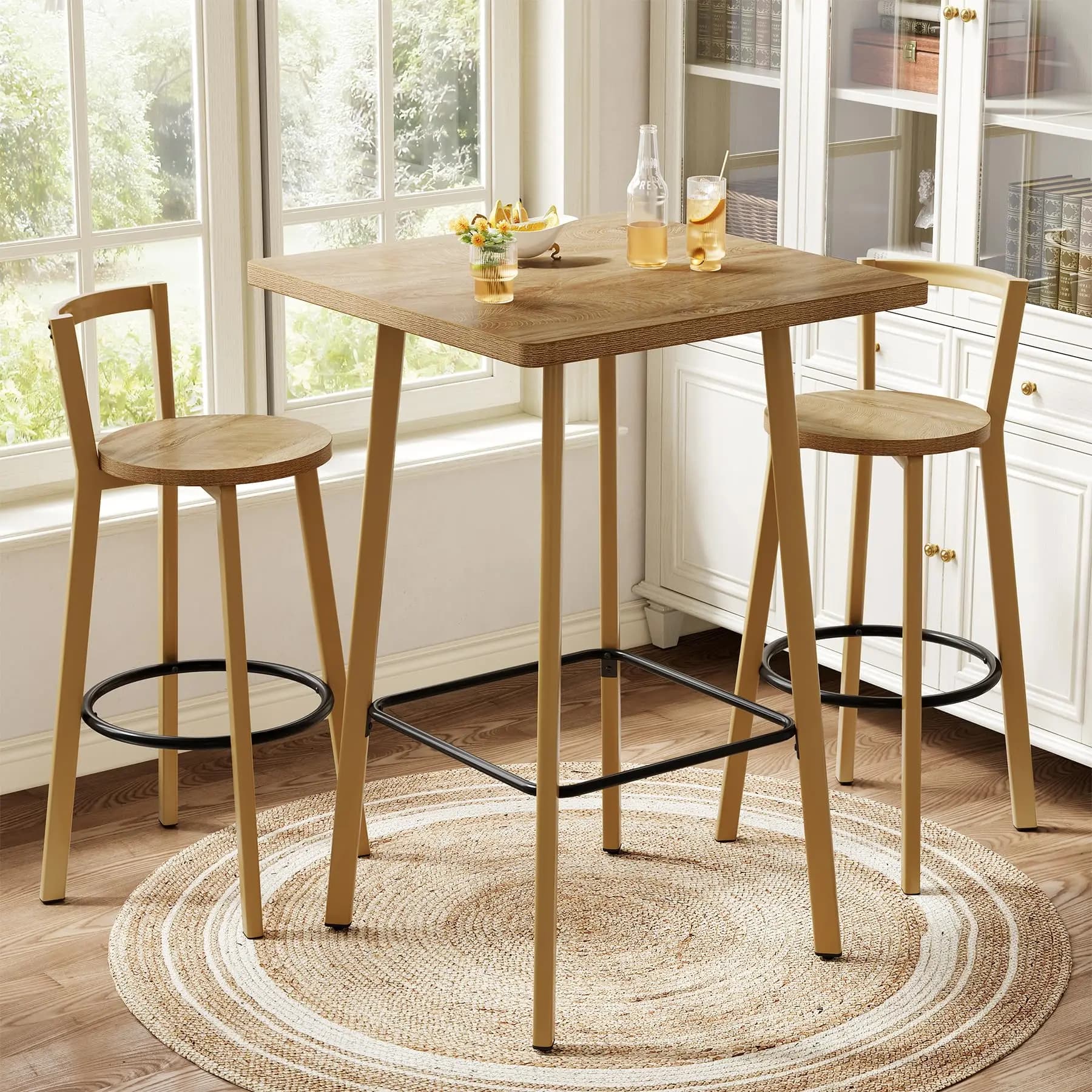 Set tavolo da bar e 2 sedie, tavolo da bistrot quadrato da 39,4 pollici con poggiapiedi, colore rovere per sala da pranzo, caffetteria, soggiorno