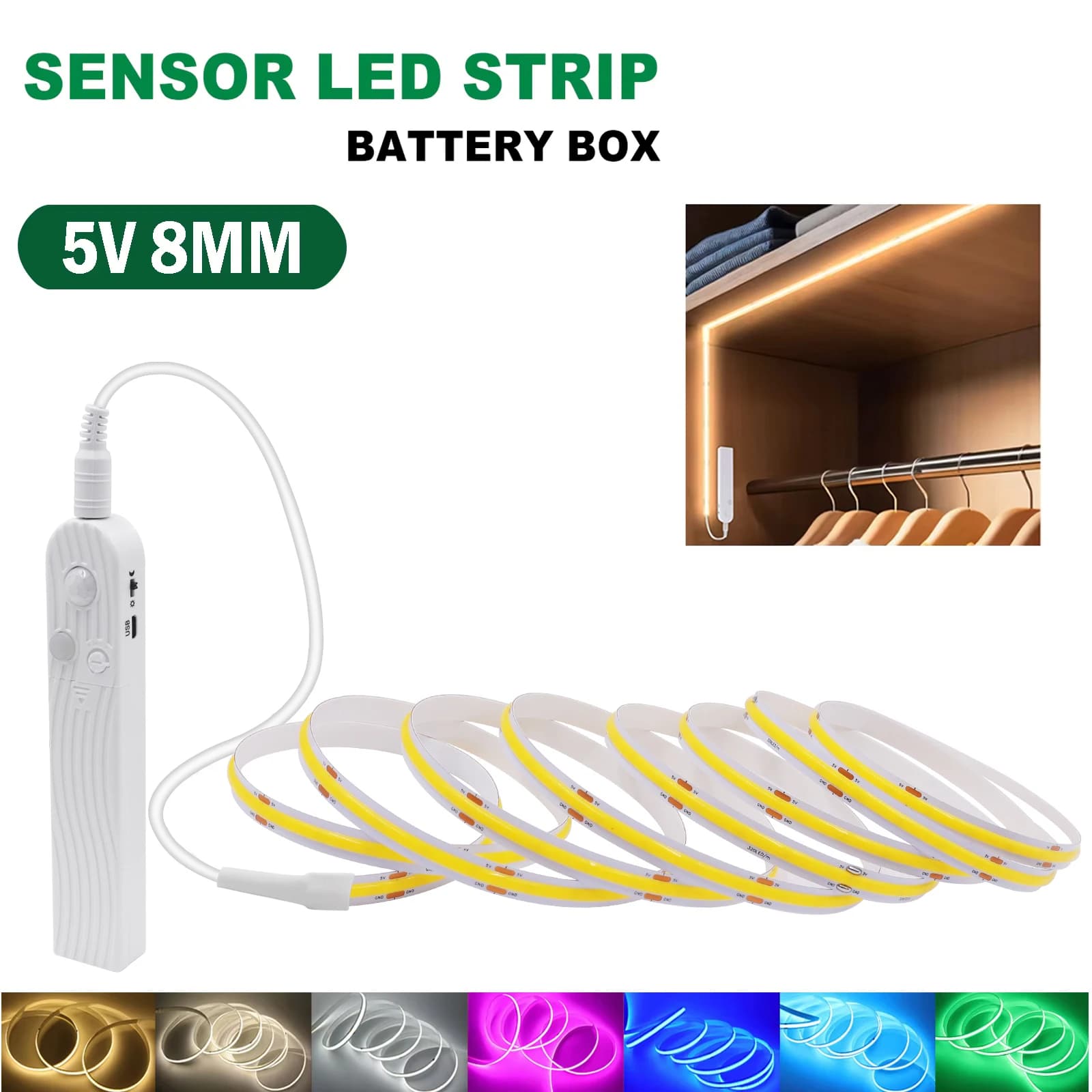 Striscia LED COB 5V 8MM con sensore di movimento Luce notturna a induzione Batteria AAA Nastro LED alimentato a scatola Bianco Rosso Blu Verde Rosa Giallo