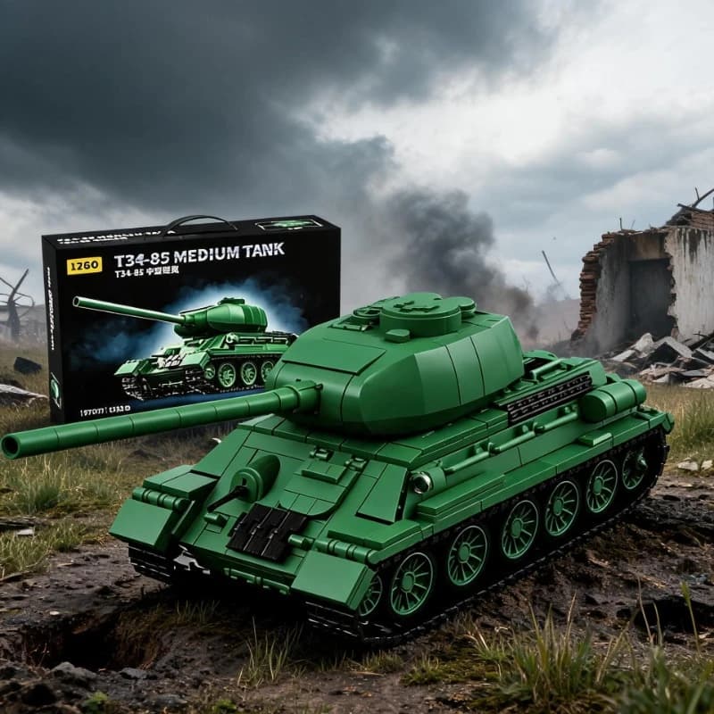 T34-85 Tank Model Kit 1263PCS 360° Turret Rotation Quick-Snap Modules Interior Minifigure MOC Tank Model DIY Toy Birthday Gift