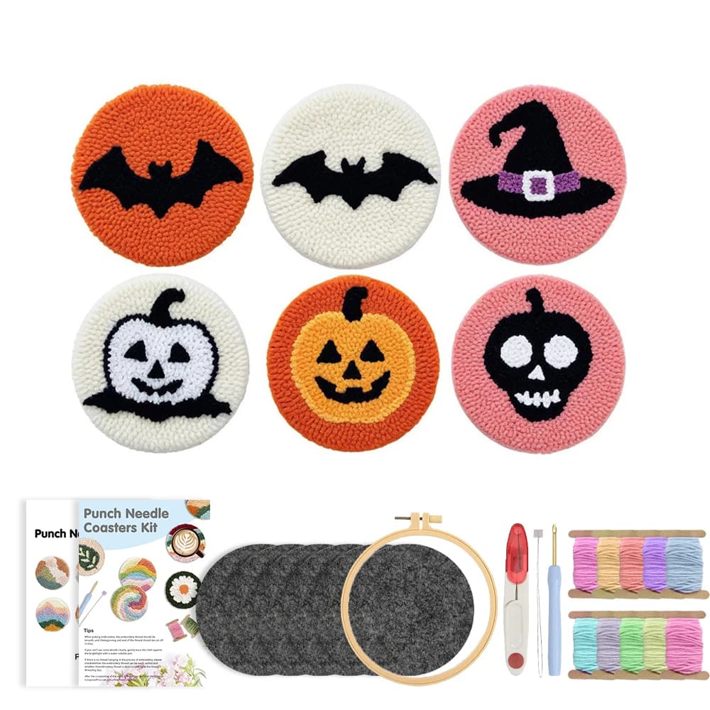 Punch Needle Coasters Kit, 6 Pattern Embroidery Punch Needle Kits, Halloween Pattern Coasters with Felt Yarns Hoop Tools DIY