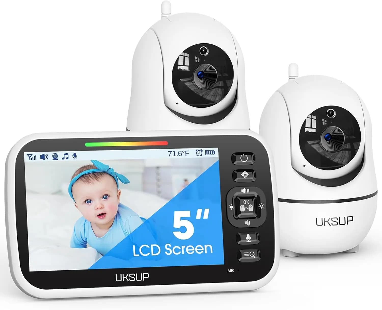 Monitor Video per Bambini con Display da 5 Pollici, 2 Telecamere, Rotazione e Inclinazione Remota, Visione Notturna Automatica, Comunicazione Bidirezionale, Sensore di Temperatura
