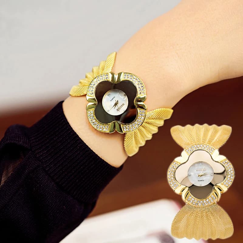 Orologio da donna con cinturino in rete, orologio al quarzo in lega con bracciale ovale dorato alla moda, orologio da polso con strass a farfalla, orologio da donna con bracciale.