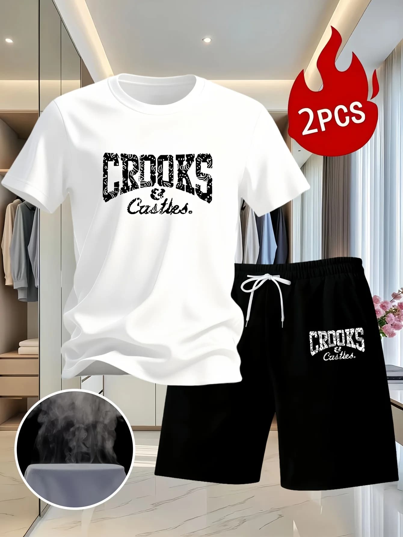 Set estivo da uomo con stampa alla moda, t-shirt a maniche corte e pantaloncini trendy per abbigliamento casual da casa
